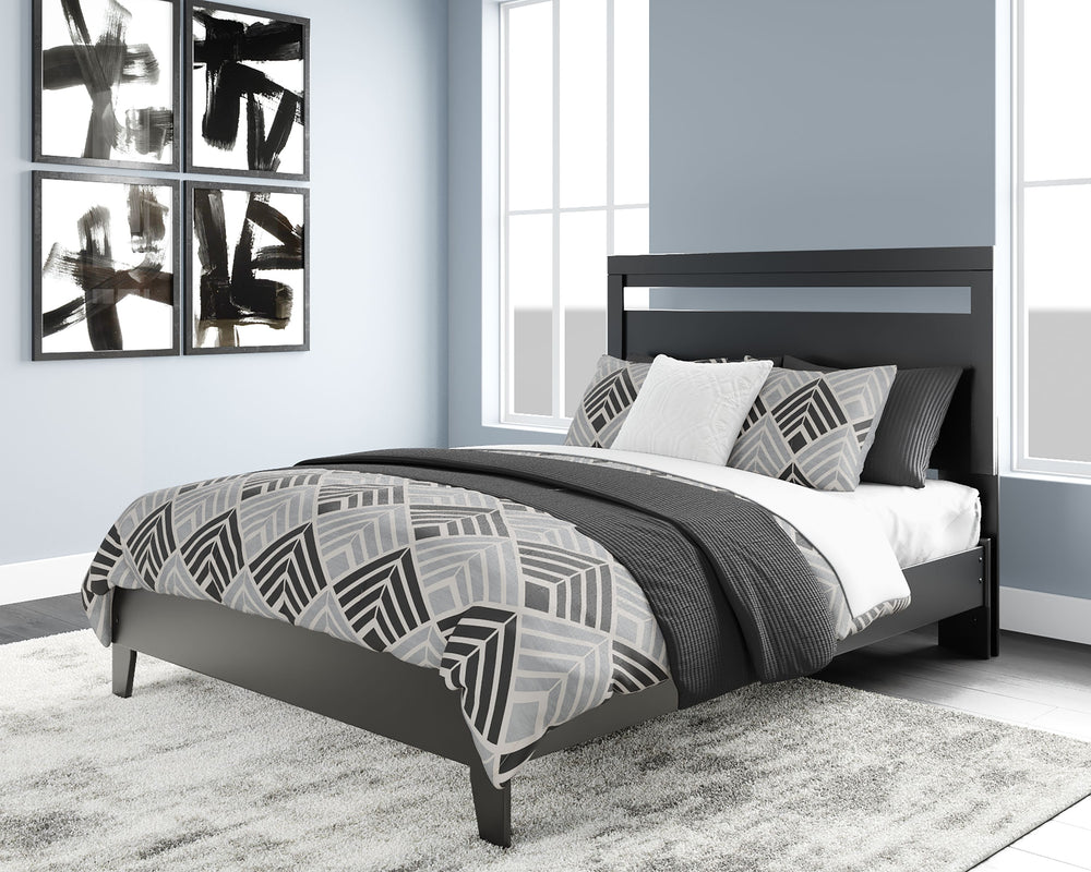 If youâ€™re a fan of clean, crisp and contemporary interiors, rest assured this queen panel platform bed suits you. Its linear profile is enhanced with a matte black finish with subtle replicated wood grain. The headboard-'s peekaboo cutout adds a cut-abo