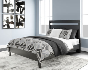 If youâ€™re a fan of clean, crisp and contemporary interiors, rest assured this queen panel platform bed suits you. Its linear profile is enhanced with a matte black finish with subtle replicated wood grain. The headboard-'s peekaboo cutout adds a cut-abo
