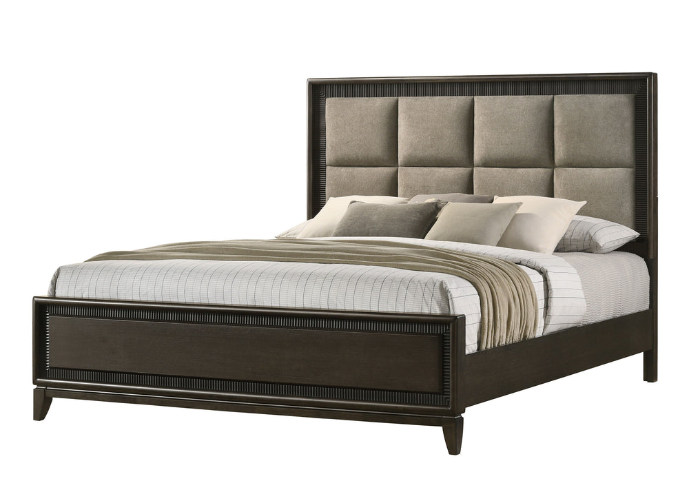 This contemporary bedroom set boasts a sophisticated aesthetic, characterized by its deep espresso finish that speaks to modern tastes. The clean-lined bed features an elegantly tufted headboard, offering both comfort and style, and is complemented by str