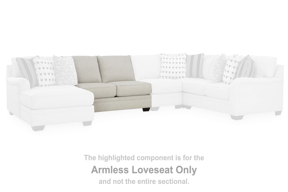 This armless loveseat is made with polyester/linen/viscose upholstery. Pairs with other items in the series to make a sectional.<br><br><b>Additional Dimensions</b><br><ul><li>Seat depth: 23-"</li><li>Seat height: 21-"</li><li>Top of cushion to top of bac