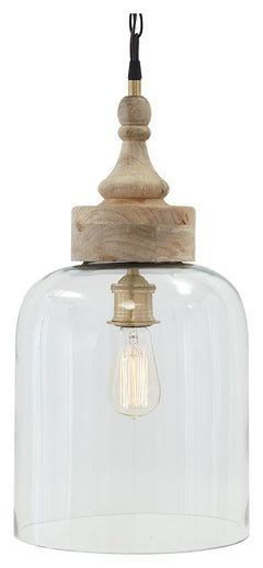 The mixed materials of this pendant light are right in line with the times. A turned natural wood finial crowns the alluring half-dome glass shade.<br><br><b>Additional Dimensions</b><br><ul><li>Cord length: 77-"</li><li>Shade: 0-"</li></ul><br/><br/><b>P
