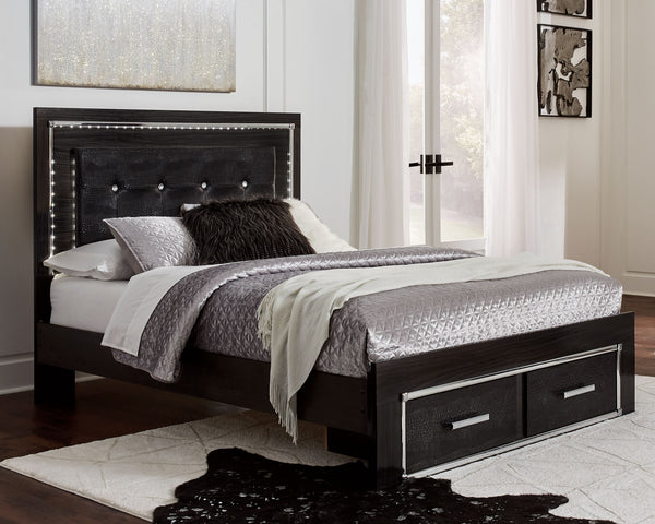 Rest easy. The luxurious look youâ€™ve been dreaming of is yours for the takingâ€”at a price sure to put you at ease. This storage bed brings a sense of old Hollywood with a contemporary flair. A deep, dark finish, faceted chrome-tone accents and LED ligh