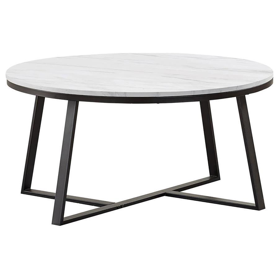 This round coffee table offers a modern two-tone design, perfect for any contemporary living space. Its white faux marble top delivers a sleek, sophisticated look, beautifully complemented by a matte black powder-coated metal base. The intersecting U-shap