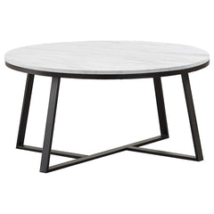 This round coffee table offers a modern two-tone design, perfect for any contemporary living space. Its white faux marble top delivers a sleek, sophisticated look, beautifully complemented by a matte black powder-coated metal base. The intersecting U-shap