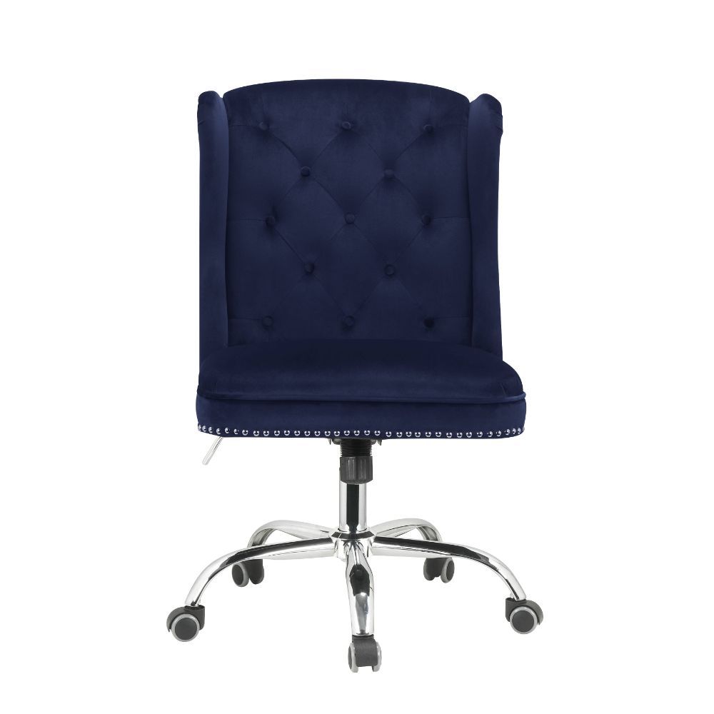 Bring a taste of vintage style to your office with this Jamesia office chair. It is securely mounted atop of a five-star base with caster wheels. This piece features a high backrest with a wingback style. The upholstered midnight blue velvet gives it a lu