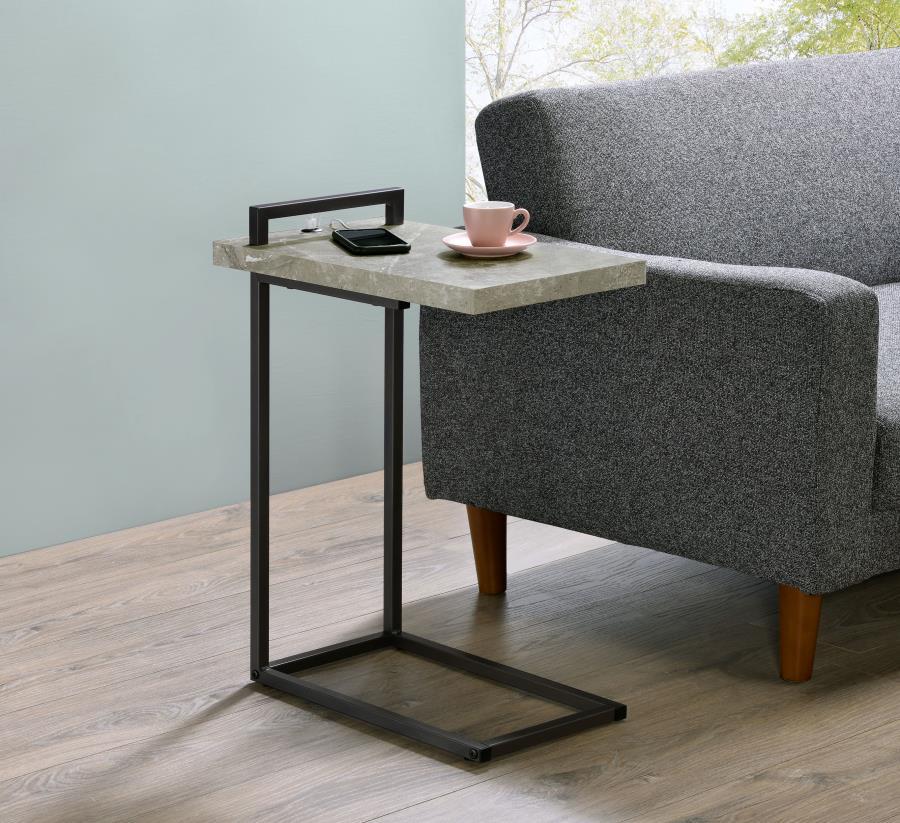 Earthy and modern, this accent table features a floating tabletop design and a minimal C-shaped silhouette. With a flush base that slips beneath seating, slide this table up to reach for refreshments or keep a handheld device close at hand. The sturdy ste