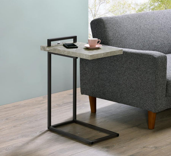 this accent table features a floating tabletop design and a minimal C-shaped silhouette. With a flush base that slips beneath seating