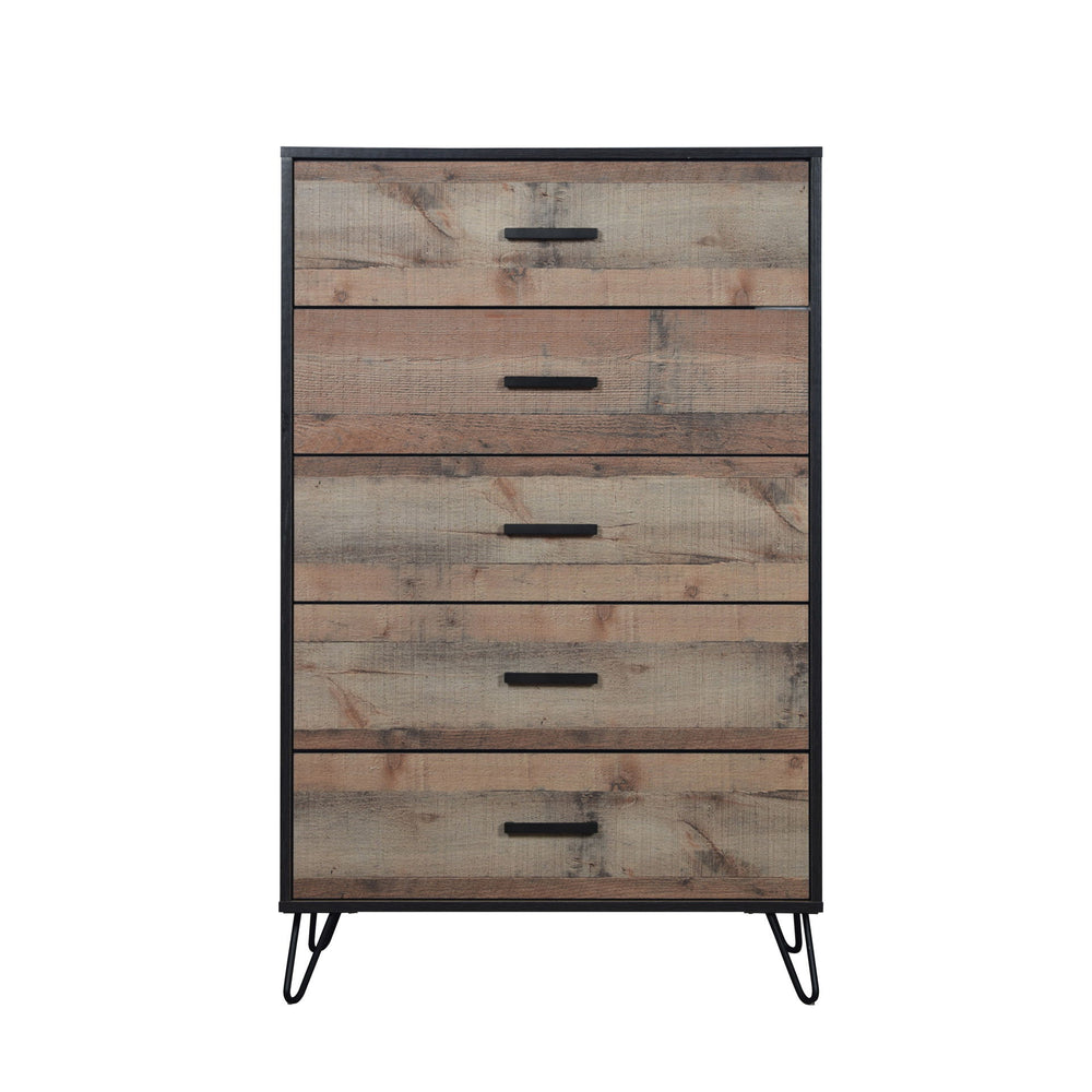 The Elk River Five Drawer Chest embodies a perfect blend of industrial flair and functional design, making it an ideal addition to any bedroom seeking a touch of rustic sophistication. Crafted from manufactured woods with an environmentally conscious deco