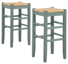 Bring the vintage casual vibe you love to the kitchen with this bar stool. A stylish seating solution in a blue rubbed-through finish, this charming stool completes your dining space with ease. The woven seagrass seat and wood stretchers create an effortl