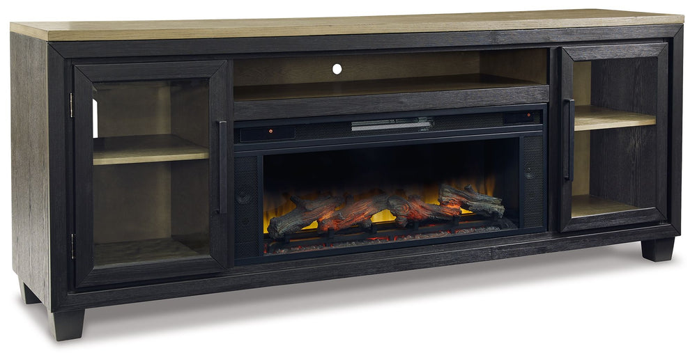 This TV stand with fireplace is rustic, casual contemporary style simply done right. Its two-tone color scheme features a rich brushed black finish accented with a dusty grayish brown wood tone. With two glass-front cabinets (each with an adjustable shelf