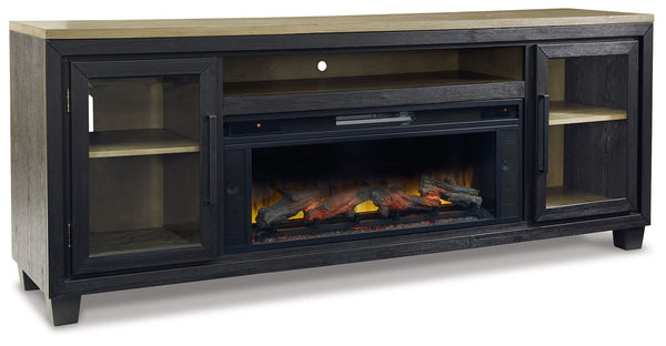  casual contemporary style simply done right. Its two-tone color scheme features a rich brushed black finish accented with a dusty grayish brown wood tone. With two glass-front cabinets (each with an adjustable shelf