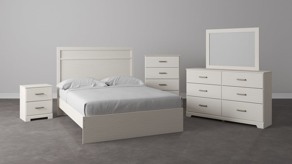 With its clean-lined look and modern attitude, this king panel bed is a fresh style awakening. Crisp, white hue over subtle replicated wood grain easily complements other furniture finishes. Simple, unadorned profile is given depth and dimension with the 