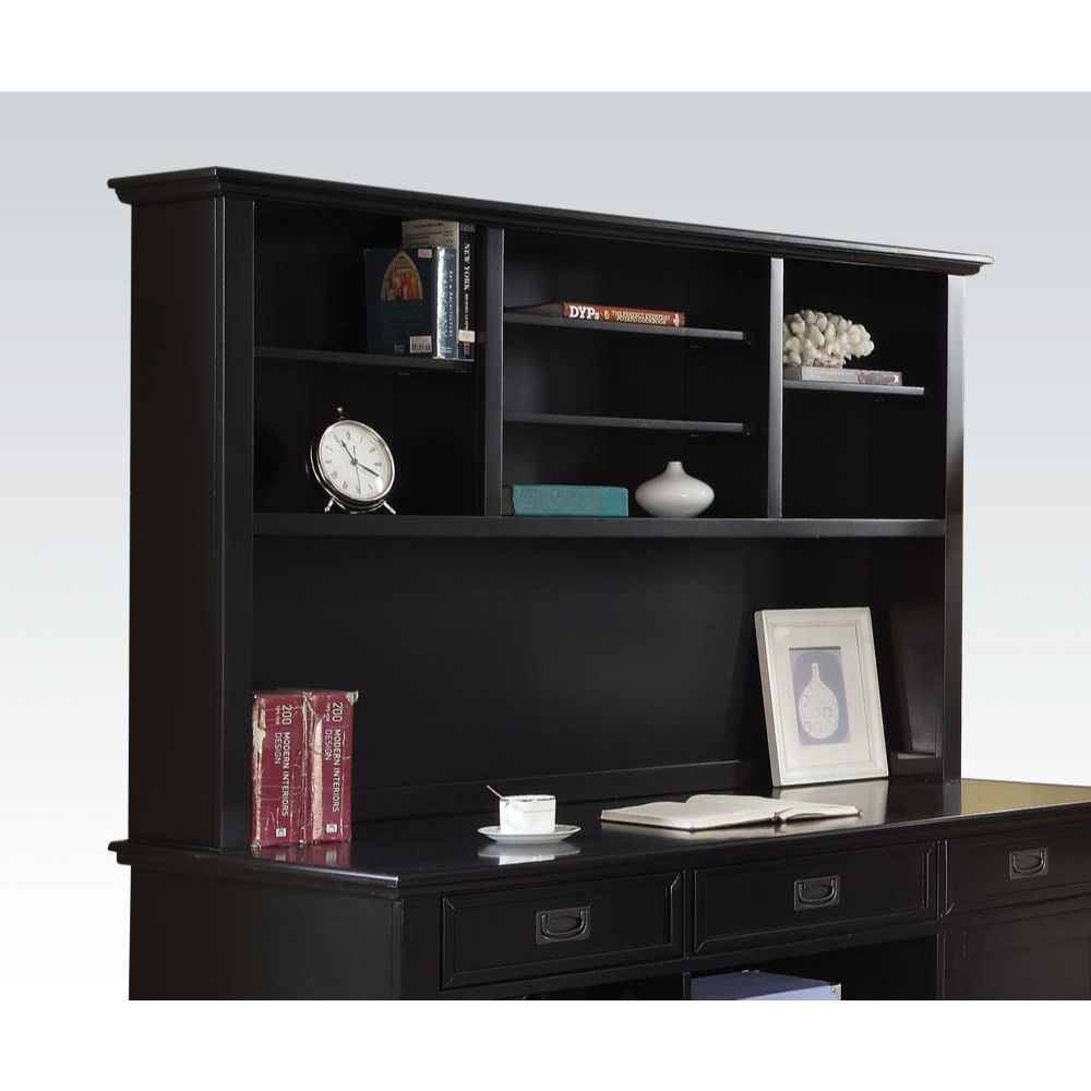 The beautiful Pandora Office Hutch offers a sleek and contemporary design. This desk hutch is crafted in black finish, features seven shelves, making it an ideal storage and display area for electronics, office supplies and accessories. Organize your home