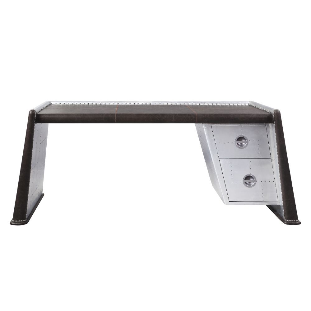 The Brancaster Aluminum Desk-'s modern look and industrial styling are evident in distress chocolate top grain leather top, aluminum over plywood construction, and exposed rivets that form a patchwork over the frame. A brilliant addition to your workspace