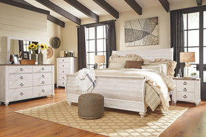 Willowton - 8 Pc. - Dresser, Mirror, Chest, King Sleigh Bed, 2 Nightstands - Whitewash