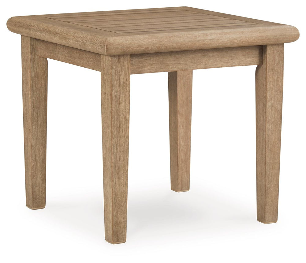 This outdoor end table effortlessly pairs natural beauty with must-have durability. Its eucalyptus wood construction withstands the elements while making a high-style impression. The perfect companion for relaxing on the porch or poolside, this table is a