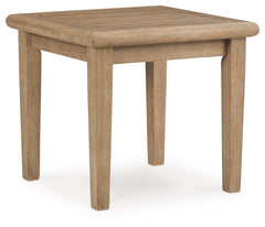 This outdoor end table effortlessly pairs natural beauty with must-have durability. Its eucalyptus wood construction withstands the elements while making a high-style impression. The perfect companion for relaxing on the porch or poolside, this table is a
