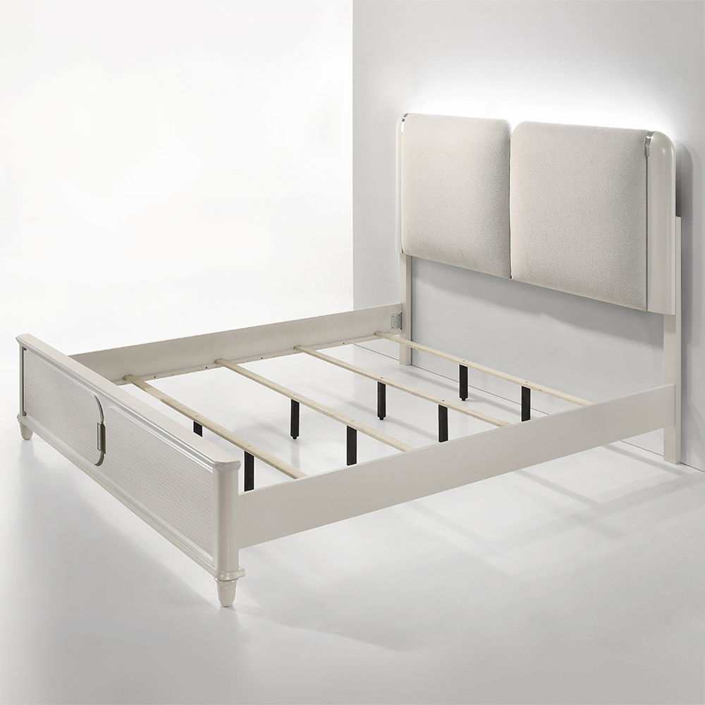Step into a realm of elegance with the Laveda bedroom set, where light gray boucle meets a pearl white finish for an exquisite blend of sophistication and serenity. The clean lines and contemporary design create a harmonious balance, perfect for modern in