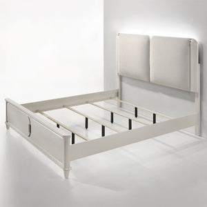  where light gray boucle meets a pearl white finish for an exquisite blend of sophistication and serenity. The clean lines and contemporary design create a harmonious balance