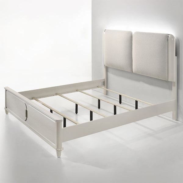  where light gray boucle meets a pearl white finish for an exquisite blend of sophistication and serenity. The clean lines and contemporary design create a harmonious balance