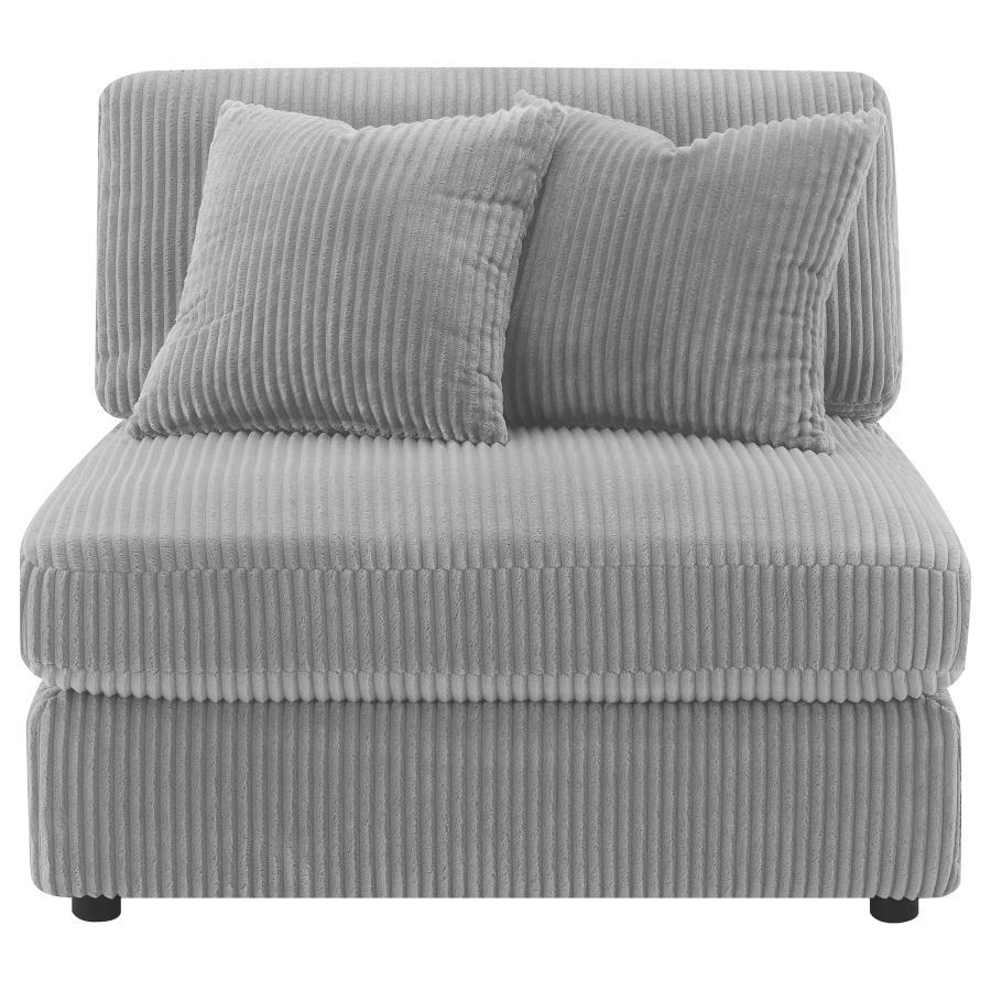 Instill cozy and inviting energy in your den or living room with a modern armless chair. Plush and comfortable, it features soft cushions and wide wale corduroy style upholstery in a soft neutral hue, perfect for augmenting existing seating. The seat and 