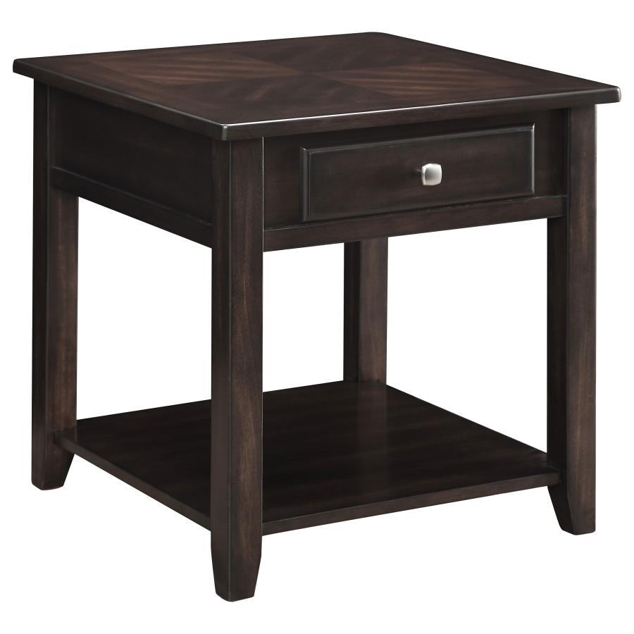 This sleek end table combines traditional charm with modern design. Made from poplar, plywood, and engineered wood with birch veneer, it boasts a rich walnut finish that enhances its warm, elegant appeal. The clean-lined silhouette features a single drawe