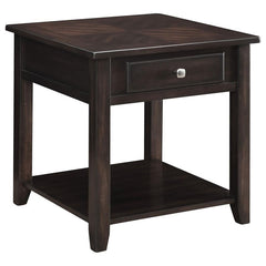 This sleek end table combines traditional charm with modern design. Made from poplar, plywood, and engineered wood with birch veneer, it boasts a rich walnut finish that enhances its warm, elegant appeal. The clean-lined silhouette features a single drawe