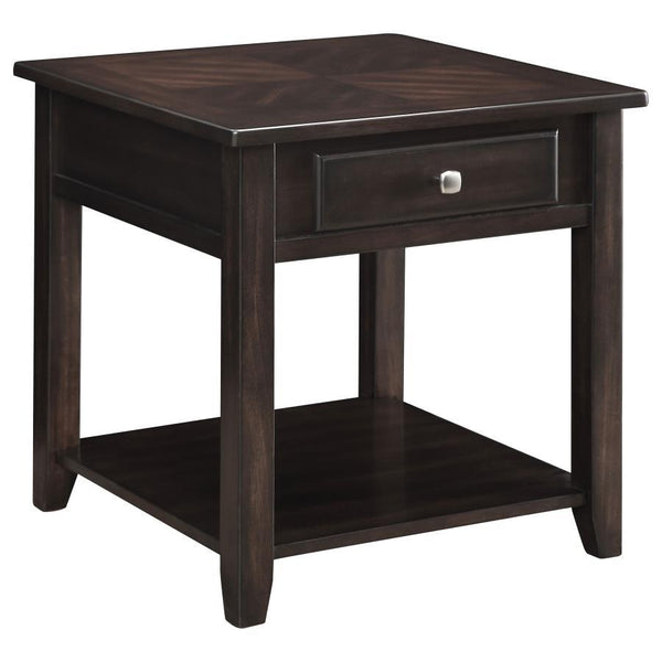 This sleek end table combines traditional charm with modern design. Made from poplar, plywood, and engineered wood with birch veneer, it boasts a rich walnut finish that enhances its warm, elegant appeal. The clean-lined silhouette features a single drawe