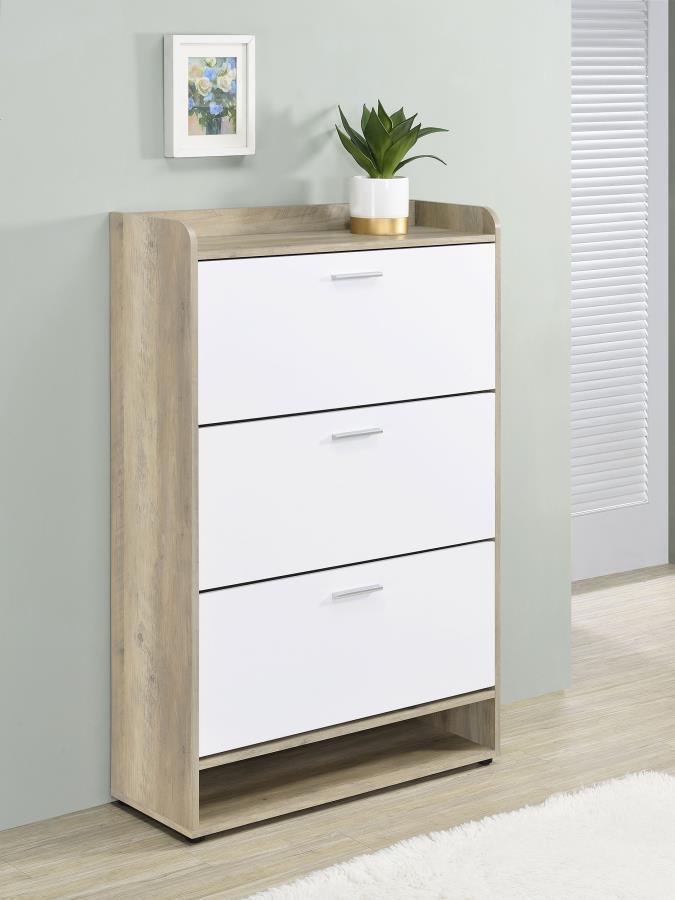 Elevate the organization of your entryway with our dual-tone shoe cabinet, a harmonious blend of practicality and contemporary design. This chic cabinet, crafted from robust engineered wood with a realistic wood-look laminate, offers three tiers of shelvi