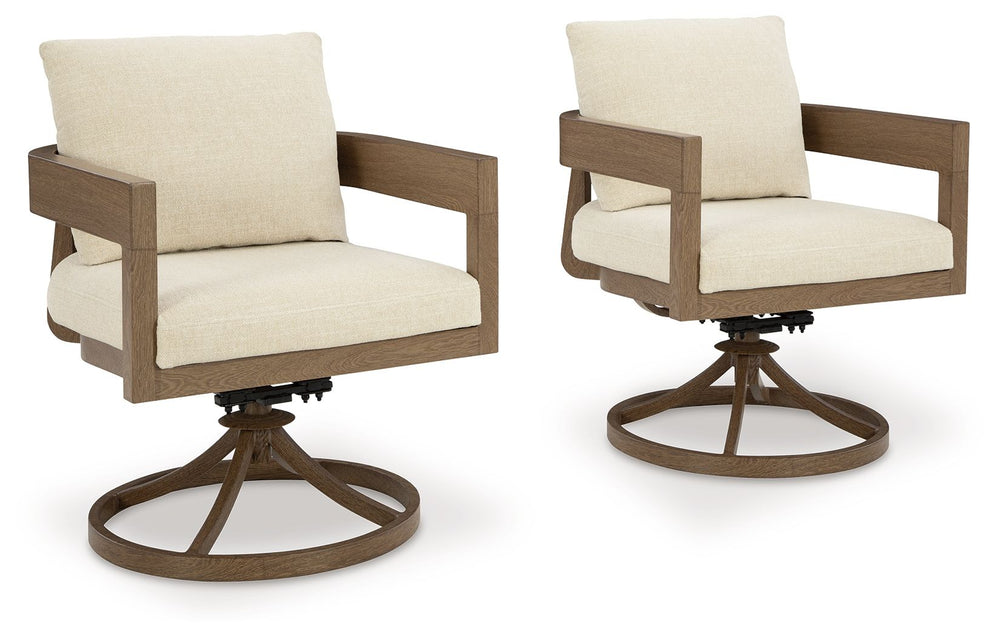 Elevate the appeal of easy-breezy living with this outdoor swivel dining chair. Made to look like wood yet durable enough to weather the elements, it-'s sure to serve you and your besties well, year after year. The gently curved chair features cushions wr