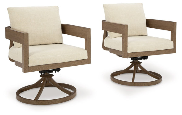 Elevate the appeal of easy-breezy living with this outdoor swivel dining chair. Made to look like wood yet durable enough to weather the elements, it-'s sure to serve you and your besties well, year after year. The gently curved chair features cushions wr