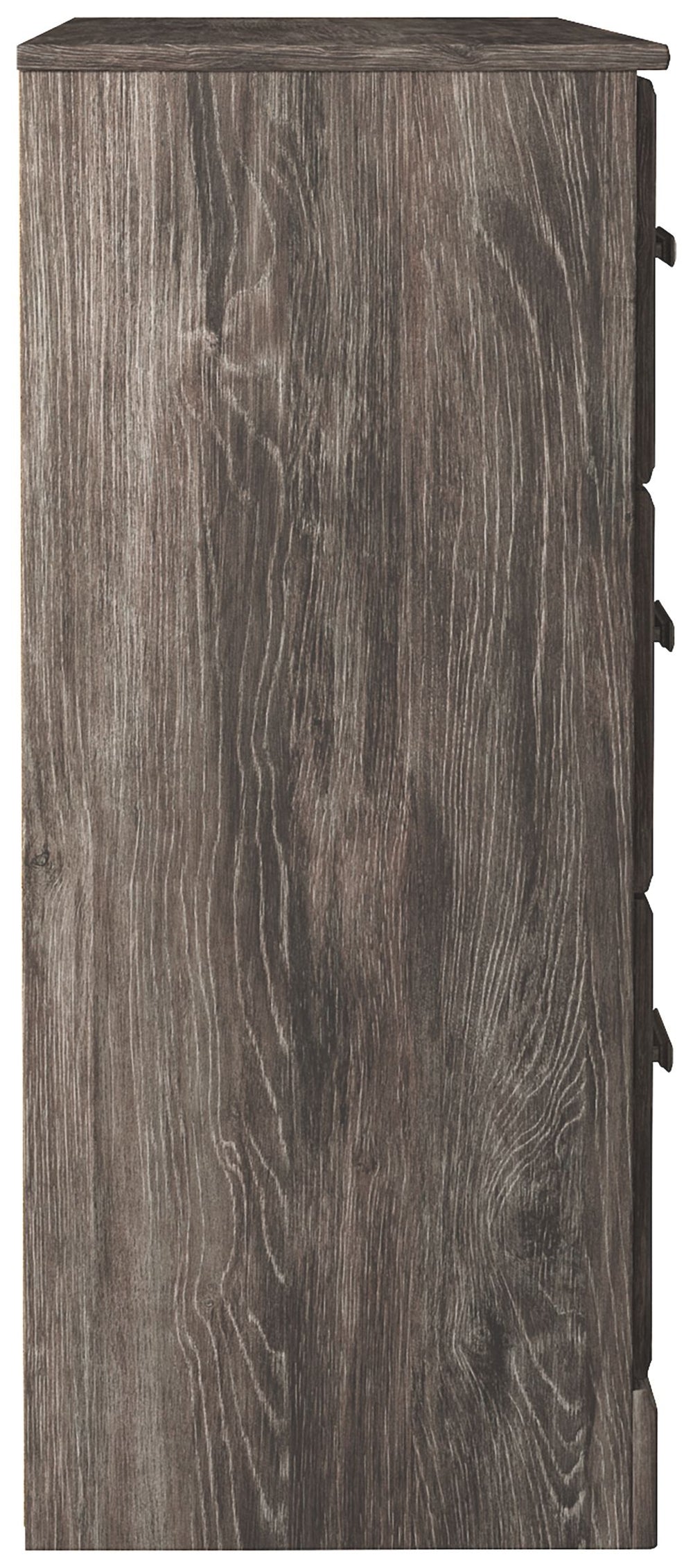 With its clean-lined look and modern attitude, this dresser and mirror is a fresh style awakening. Warm gray hue over replicated oak grain easily complements other furniture finishes. Smooth drawer fronts with antiqued pewter-tone handles completes the ae