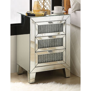 Assembled, Rectangular Night Table Storage: 3 Drw Features: Mirrored Finish, Front Drawer w/Faux Diamonds & Clear Glass, Mirrored Tapered Leg CONSTRUCTION Mirrored Case Frame: 4mm Beveled Mirror, MDF