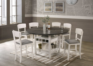Elevate your dining experience with our contemporary dining ensemble. Infused with a modern twist on classic design, this set effortlessly balances sophistication with functionality. Featuring a two-toned wood finish complemented by sleek, white chairs. F