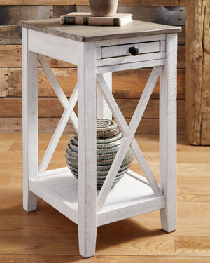  it creates a vintage vibe with a distressed white and gray finish and crossbuck supports on two sides. Two USB charging ports add modern function. This is a must-have piece for your living space.<br