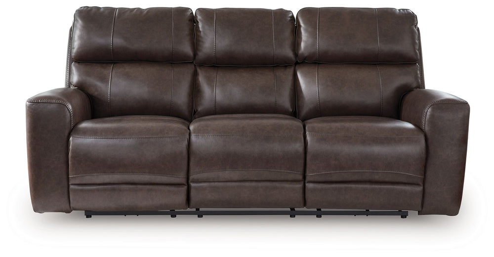 Versatile style teams up with everyday convenience to create this power reclining sofa. Settle into the sleek leather seating area and effortlessly recline with one-touch controls. Need some extra ambiance? Wireless speakers in the drop-down table make en