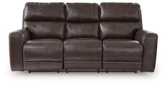 Versatile style teams up with everyday convenience to create this power reclining sofa. Settle into the sleek leather seating area and effortlessly recline with one-touch controls. Need some extra ambiance? Wireless speakers in the drop-down table make en