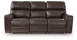 Versatile style teams up with everyday convenience to create this power reclining sofa. Settle into the sleek leather seating area and effortlessly recline with one-touch controls. Need some extra ambiance? Wireless speakers in the drop-down table make en