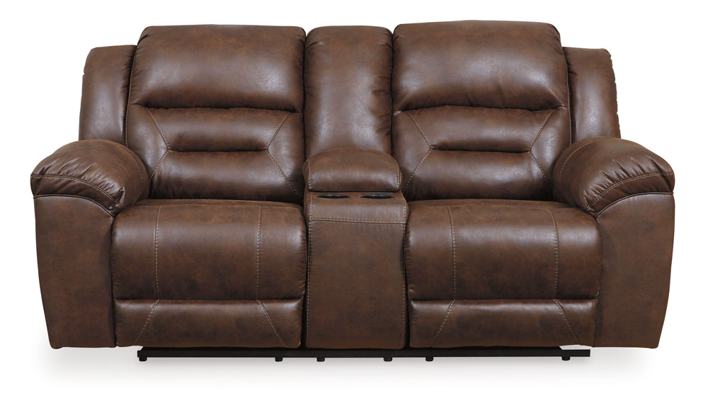 For those who love the cool look of leather but long for the warm feel of fabric, this reclining loveseat with console delivers both with ease. Its high-performance padded faux leather is remarkably durable and easy to clean, making it just the thing for 