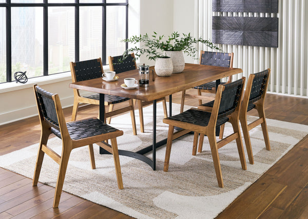 This dining package takes minimalism to the max. Urban Contemporary design. Made with solid Acacia wood, metal and woven leather straps. Finished in a light wood tone to enhance the wood-'s natural grain characteristics. The solid wood table top features 