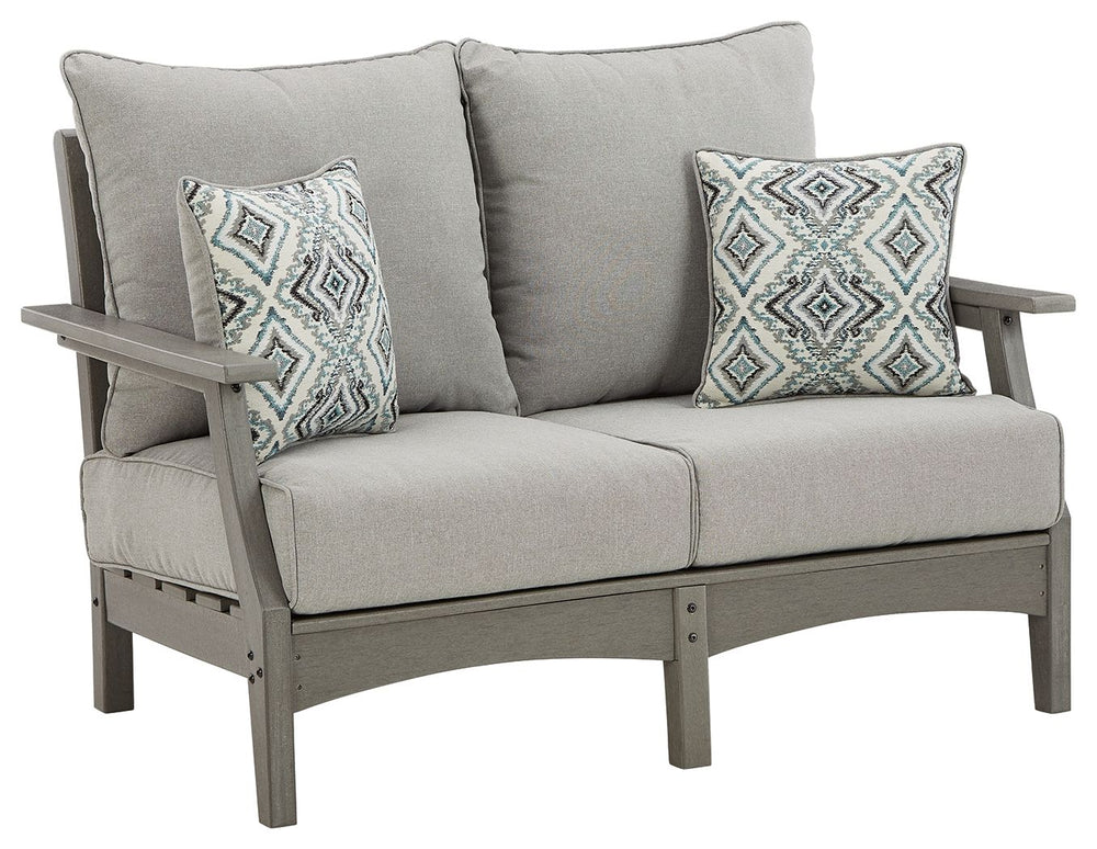 Itâ€™s the dawn of a new day for gray. Embrace the style trend with this outdoor loveseat. Crafted of HDPE material that combines the exceptional durability and weather resistance you need with the â€œwood lookâ€ you love, this comfortably cushioned love