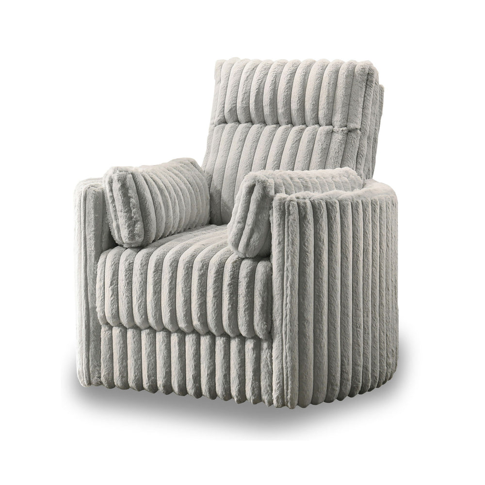 The Embrace Swivel Living Room Accent Chair in gray combines comfort and style with practical functionality. Upholstered in 100% gray polyester fabric with a soft, blanket-like texture, this chair is designed for ultimate relaxation. It includes one swive
