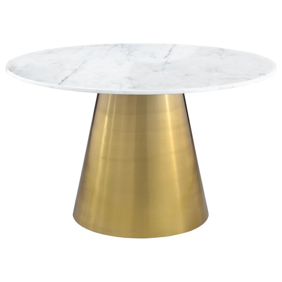 Freshen up your elegant dining room with the luxurious look and feel of genuine marble. This modern dining table pairs a round silhouette with beautiful white marble complete with light grey veining that offers organic elegance and dimensionality. This st