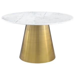 Freshen up your elegant dining room with the luxurious look and feel of genuine marble. This modern dining table pairs a round silhouette with beautiful white marble complete with light grey veining that offers organic elegance and dimensionality. This st
