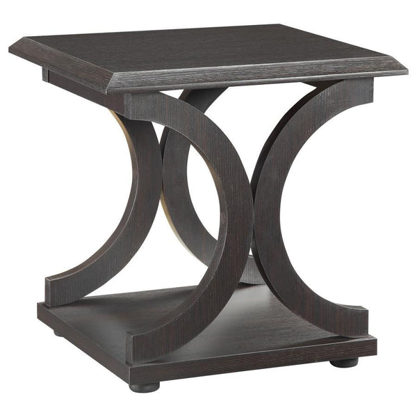 Enhance your living space with this stylish end table, designed with bold circular accents for a modern aesthetic. The cappuccino finish provides a rich, warm tone, while the durable engineered wood construction ensures long-lasting performance. Its scrat