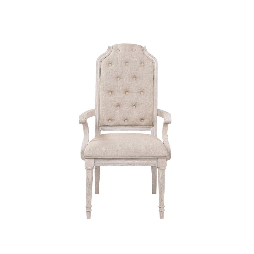KD, Arm Chair (High Back) Stationary Seat: Standard Dining Height Padded SEAT & BACK: Fabric () _ Padded Backrest: Rolled with Wooden Trim, Button Tufted (Inside) Seat Construction: Cushion & Wooden Apron (Box Seat, Foam, Ply) Wooden Reeded-Tapered Leg Wo