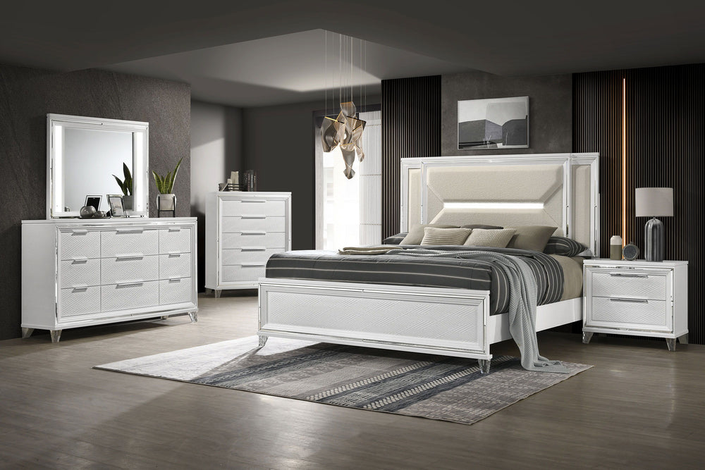 Create a cohesive and luxurious look in your bedroom with this bedroom set. Featuring a bed, nightstand, dresser, mirror, and optional chest, each piece is designed with a modern Italian aesthetic. The white finish, picture framed recessed panels, and emb
