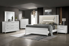 Create a cohesive and luxurious look in your bedroom with this bedroom set. Featuring a bed, nightstand, dresser, mirror, and optional chest, each piece is designed with a modern Italian aesthetic. The white finish, picture framed recessed panels, and emb