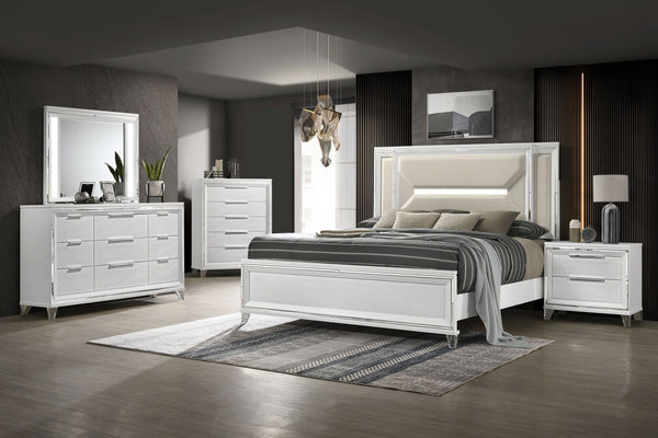 Create a cohesive and luxurious look in your bedroom with this bedroom set. Featuring a bed, nightstand, dresser, mirror, and optional chest, each piece is designed with a modern Italian aesthetic. The white finish, picture framed recessed panels, and emb