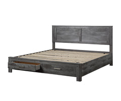 The Vidalia bedroom collection conveys the character of rugged simplicity in living close to nature while maintaining stylish comfort. This collection includes sturdy wood construction, rough sawed plank panels, all rustic gray oak finish. The storage bed